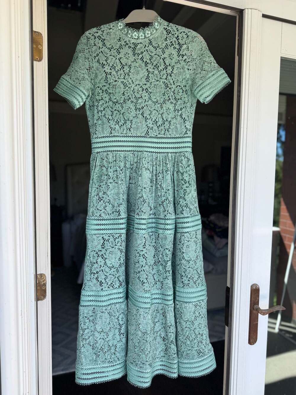 Aly Daly Seafoam Green Floral Lace Short Sleeve Fit and Flare Midi Dress